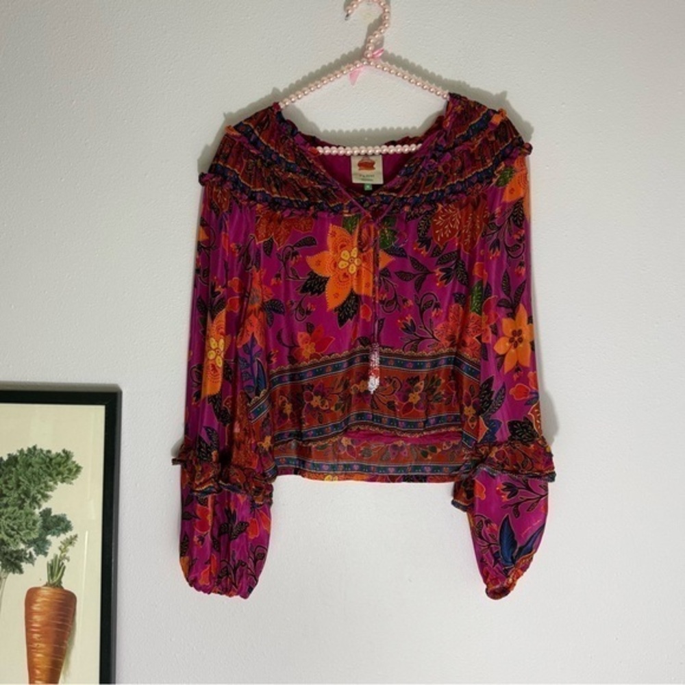 FARM Rio Pink tropical tapestry cropped top with beaded tassel size M